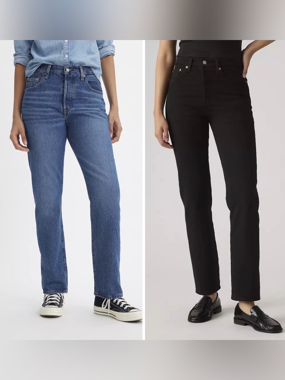 Two Women’s Levi’s: blue 501 and black Wedgie Straight (both 26” waist)